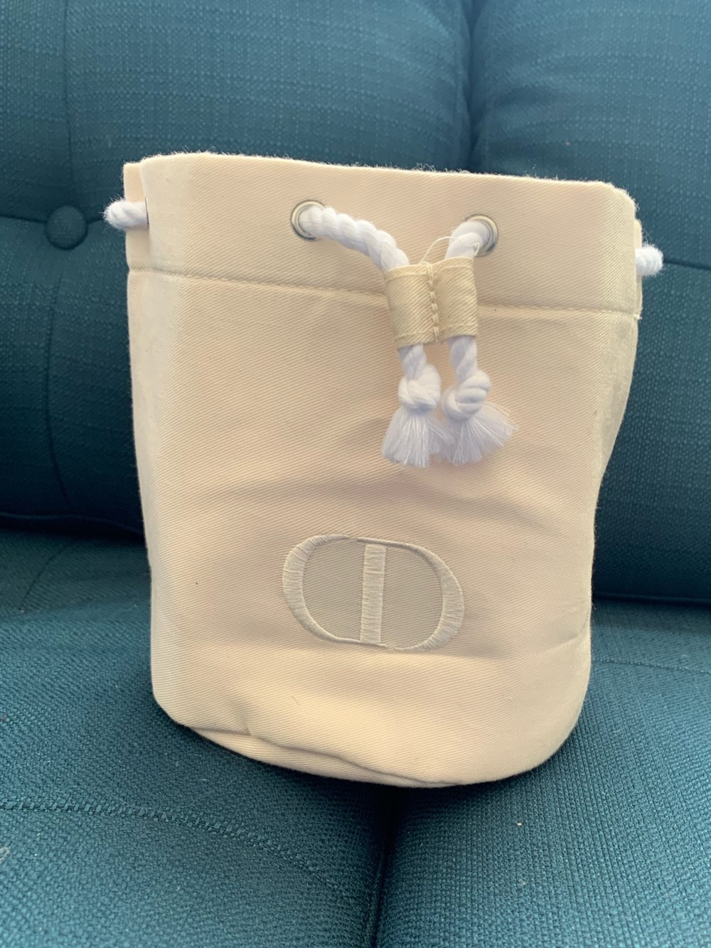 Christian Dior Cream White Drawstring Canvas Beauty Bag